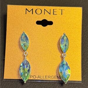 Monet Silver Earrings with Iridescent Green Stones